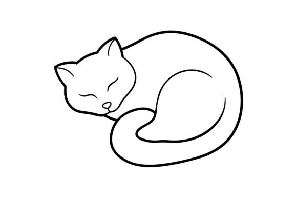 Cat Curled Up Sleeping Line Art