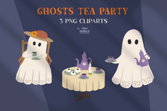 Cute Halloween Ghost Tea Party PNG Set: Spooky Charm for Your DIY Projects