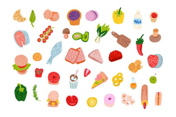Diverse Hand-Drawn Flat Food Elements