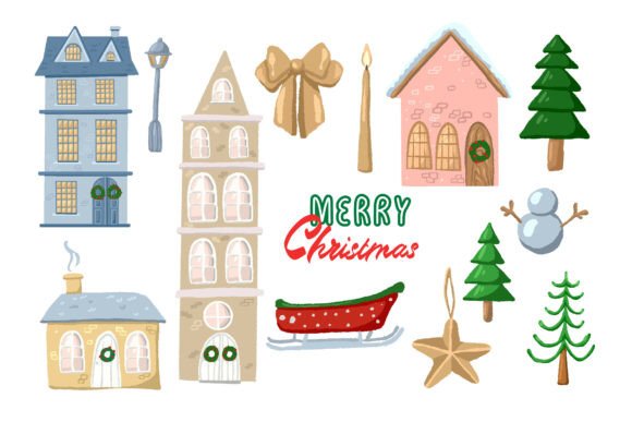 Hand Drawn Christmas Houses & Holiday