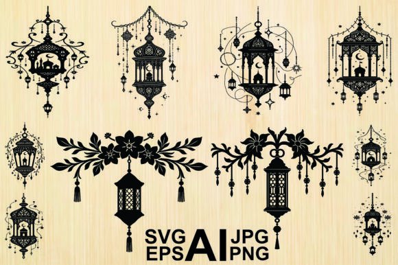Hanging Lantern Silhouette Vector: Elevating Design with Ornate Black and White Aesthetics